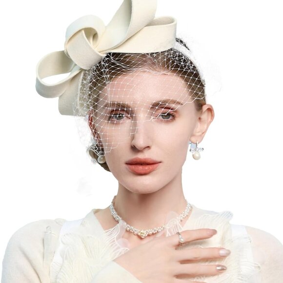 Wool Felt Fascinators Wedding Hats for Women with Bowknot Veil